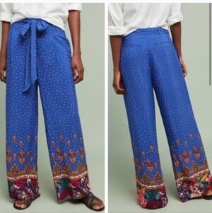 ANTHROPOPLOGIE☆Etta Twa Bohemian Printed Blue Tie Waist Wide Leg Trousers